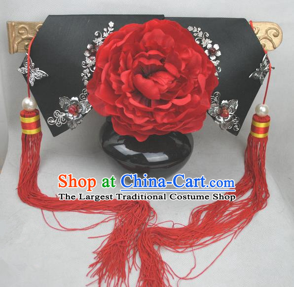 Traditional Chinese Qing Dynasty Princess Red Peony Headwear Ancient Palace Lady Hair Accessories for Women