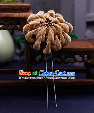 Traditional Chinese Handmade Qing Dynasty Brown Velvet Chrysanthemum Hairpins Ancient Imperial Consort Hair Accessories for Women