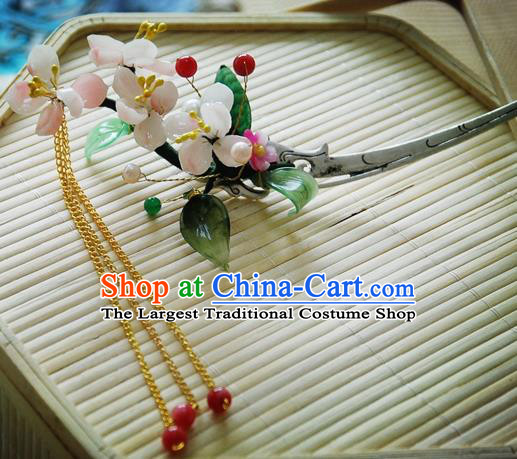 Handmade Chinese Ancient Princess Pink Peach Blossom Hairpins Tassel Hair Clip Headwear Hair Accessories for Women