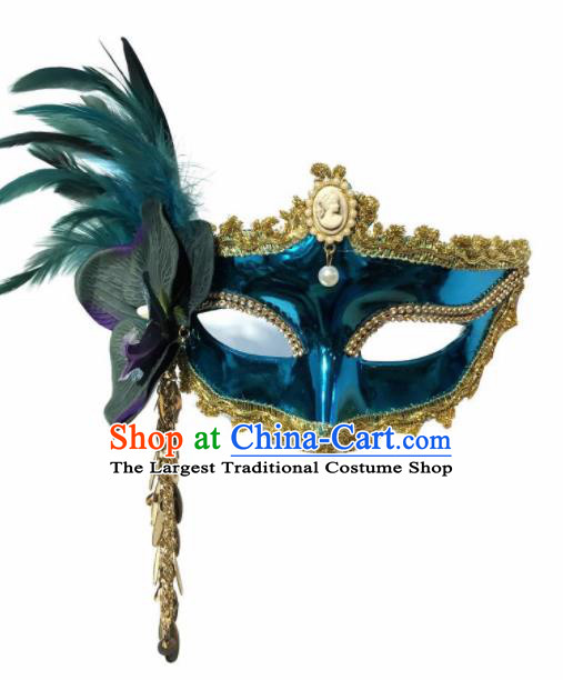 Top Halloween Stage Show Face Accessories Brazilian Carnival Catwalks Blue Feather Mask for Women