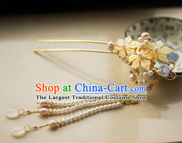 Chinese Handmade Hanfu Pearls Tassel Hairpins Maple Leaf Hair Clip Traditional Ancient Princess Hair Accessories for Women