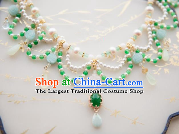 Chinese Handmade Hanfu Jade Necklace Traditional Ancient Princess Pearls Necklet Jewelry Accessories for Women