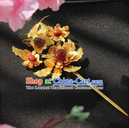 Chinese Handmade Hanfu Golden Peony Agate Hairpins Traditional Ancient Princess Hair Accessories for Women