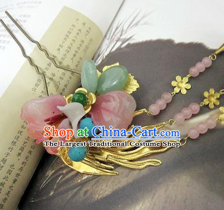 Chinese Handmade Hanfu Pink Flower Jade Hair Clip Hairpins Traditional Ancient Princess Hair Accessories for Women