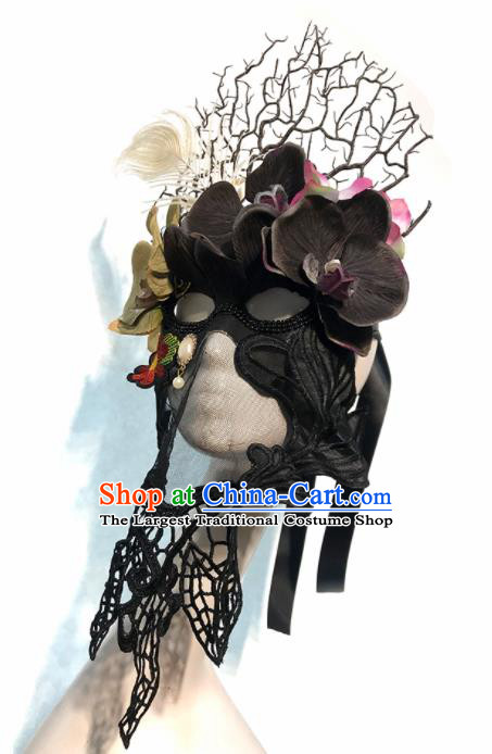 Top Halloween Stage Show Black Flowers Face Mask Brazilian Carnival Catwalks Accessories for Women