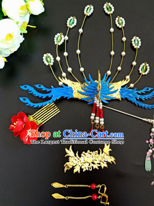 Chinese Handmade Hanfu Palace Blue Phoenix Coronet Tassel Hairpins Traditional Ancient Princess Hair Accessories for Women