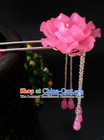 Chinese Handmade Hanfu Palace Hairpins Pink Peony Tassel Hair Clip Traditional Ancient Princess Hair Accessories for Women