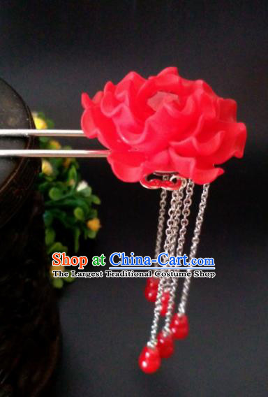 Chinese Handmade Hanfu Palace Hairpins Red Peony Tassel Hair Clip Traditional Ancient Princess Hair Accessories for Women