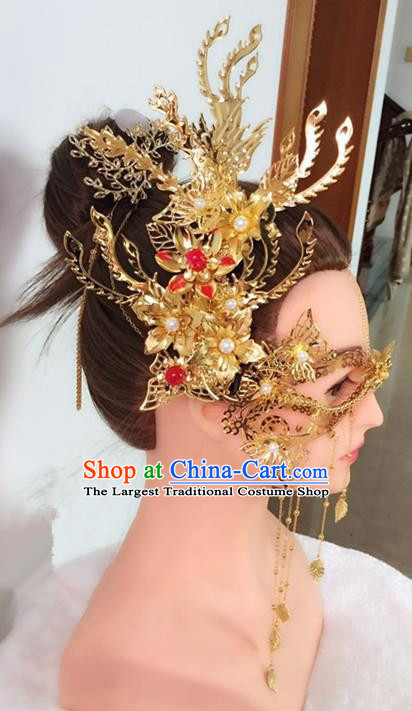 Chinese Handmade Hanfu Princess Wedding Accessories Ancient Swordswoman Golden Face Mask for Women