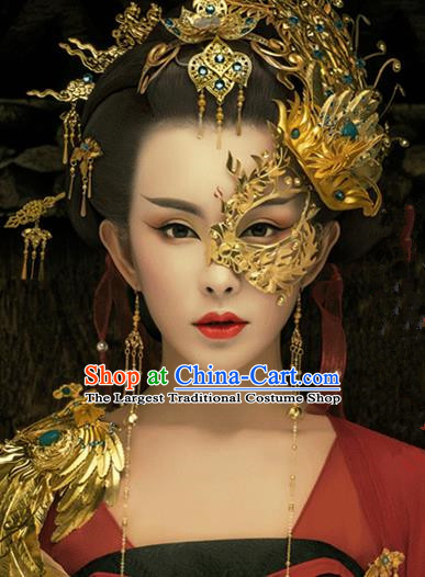 Chinese Handmade Hanfu Tang Dynasty Golden Phoenix Coronet Mask Palace Hairpins Traditional Ancient Imperial Consort Hair Accessories for Women