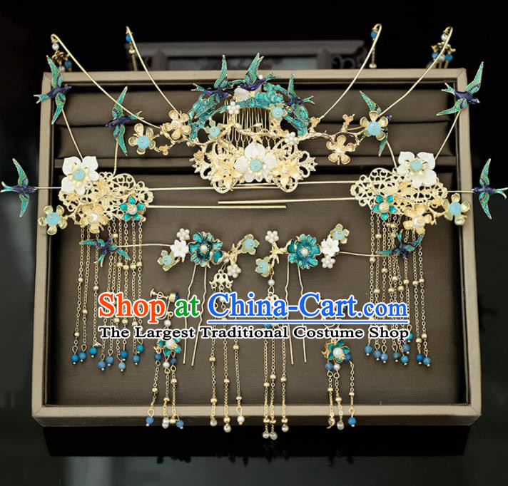 Handmade Chinese Ancient Wedding Blueing Birds Tassel Phoenix Coronet Hairpins Traditional Bride Hanfu Hair Accessories for Women