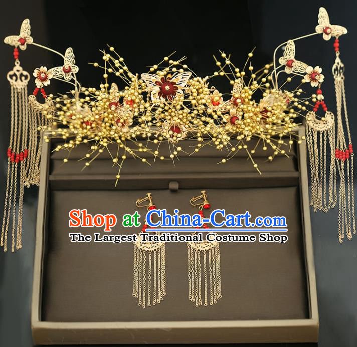 Handmade Chinese Ancient Wedding Golden Tassel Phoenix Coronet Hairpins Traditional Bride Hanfu Hair Accessories for Women