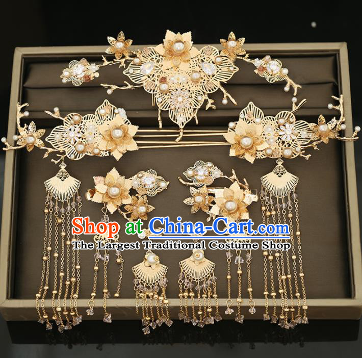 Handmade Chinese Ancient Wedding Golden Flowers Hair Comb Hairpins Traditional Bride Hanfu Hair Accessories for Women