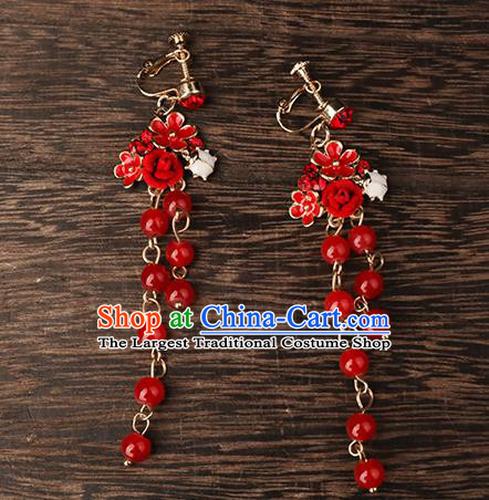 Handmade Chinese Classical Red Beads Tassel Ear Accessories Ancient Princess Hanfu Earrings for Women