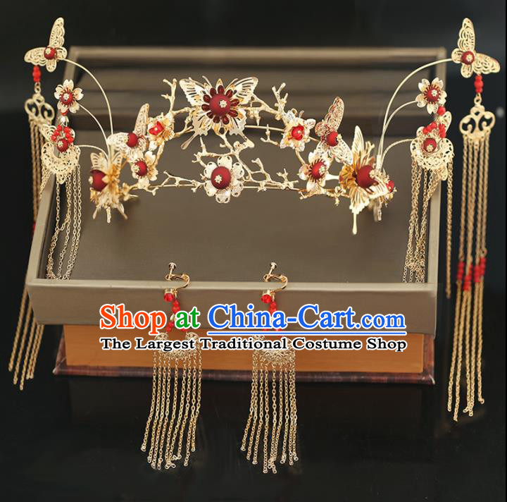 Handmade Chinese Ancient Wedding Tassel Hairpins Red Beads Phoenix Coronet Traditional Bride Hanfu Hair Accessories for Women