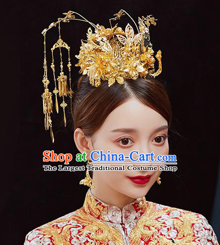 Handmade Chinese Wedding Golden Phoenix Coronet Tassel Hairpins Ancient Traditional Hanfu Hair Accessories for Women