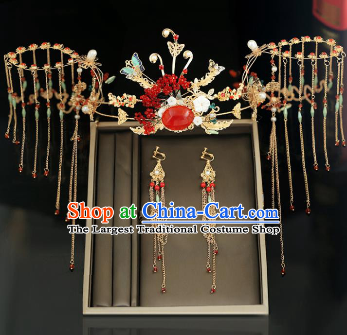 Handmade Chinese Ancient Wedding Hairpins Tassel Butterfly Phoenix Coronet Traditional Bride Hanfu Hair Accessories for Women