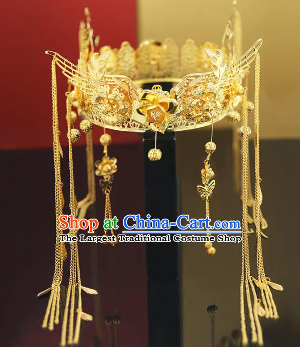 Handmade Chinese Ancient Wedding Tassel Golden Phoenix Coronet Hairpins Traditional Bride Hanfu Hair Accessories for Women