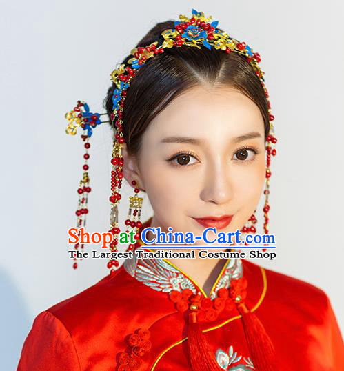 Handmade Chinese Wedding Blueing Hair Clasp Tassel Hairpins Ancient Traditional Hanfu Hair Accessories for Women