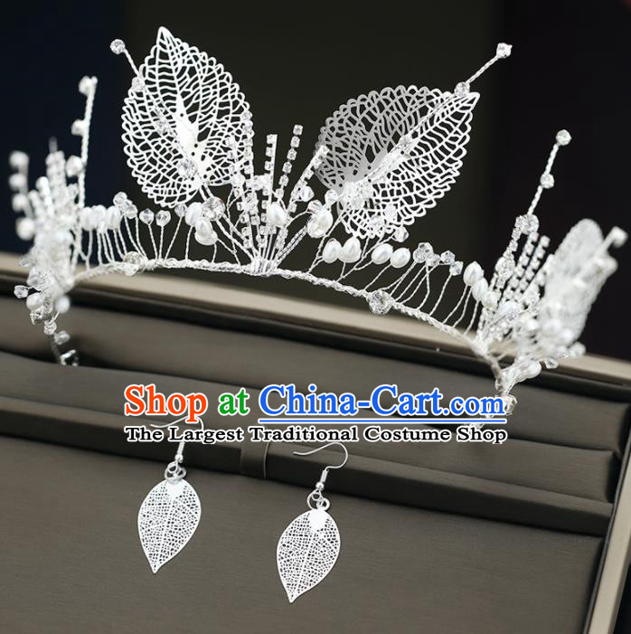 Top Grade Handmade Baroque Princess Pearls Leaf Royal Crown Wedding Bride Hair Accessories for Women