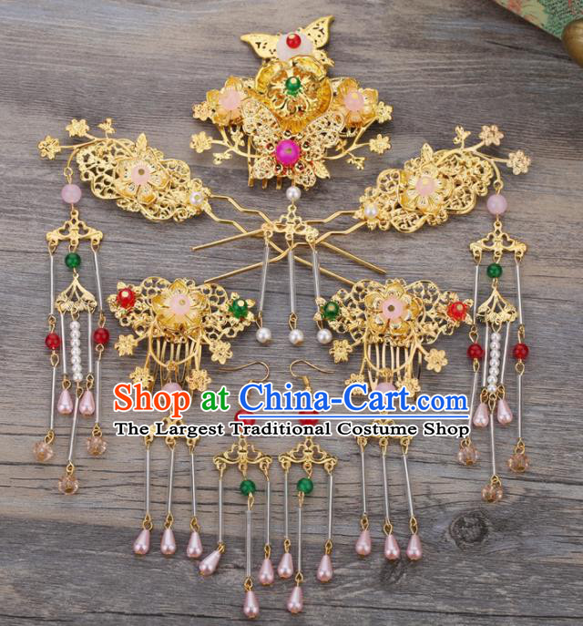 Handmade Chinese Ancient Wedding Bride Golden Hair Combs Tassel Hairpins Traditional Hanfu Hair Accessories for Women