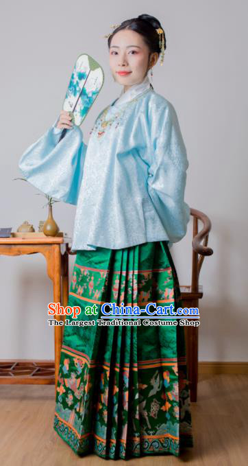 Chinese Ancient Princess Blue Brocade Blouse and Green Skirt Traditional Ming Dynasty Imperial Consort Historical Costume for Women