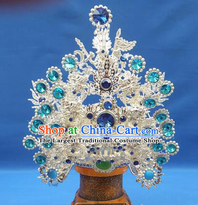 Handmade Chinese Ancient Goddess Queen Blue Crystal Phoenix Coronet Hairpins Traditional Hanfu Hair Accessories for Women