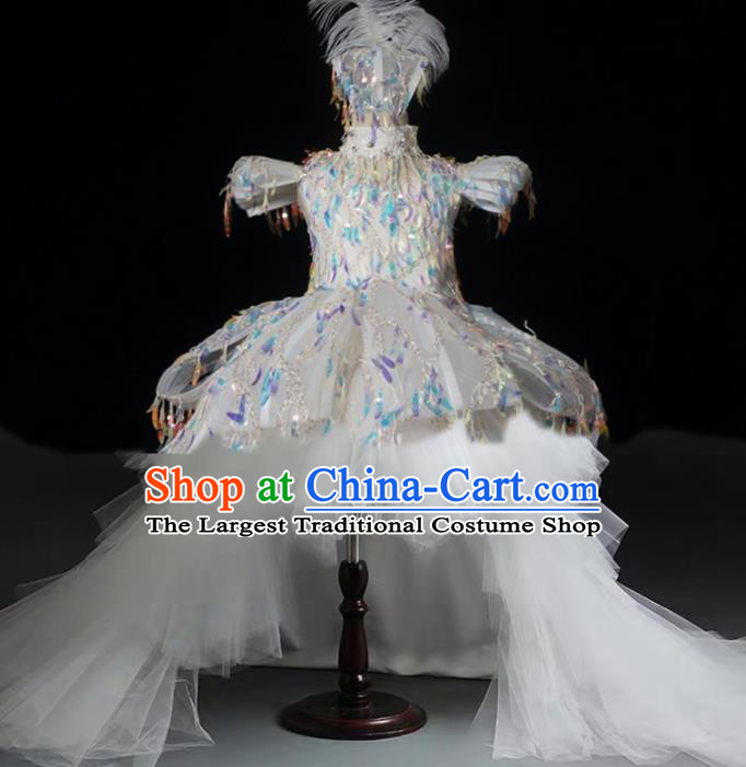 Top Grade Stage Show Costume Catwalks Princess White Veil Trailing Dress for Kids