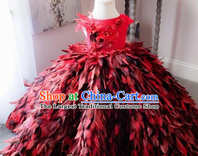 Top Grade Modern Fancywork Court Princess Red Feather Dress Catwalks Compere Stage Show Dance Costume for Kids