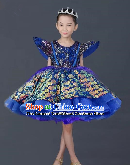 Top Grade Stage Show Costume Catwalks Princess Royalblue Bubble Short Dress for Kids