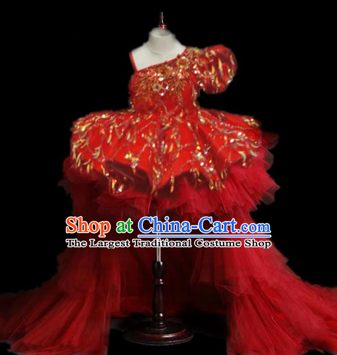 Top Grade Stage Show Costume Catwalks Princess Red Veil Paillette Trailing Full Dress for Kids