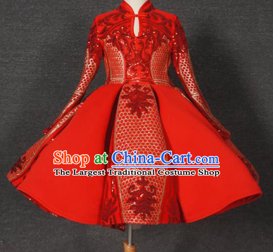 Top Grade Chinese Stage Performance Costume Catwalks Dance Embroidered Red Full Dress for Kids