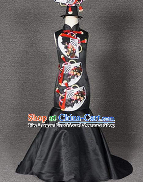 Top Grade Chinese Stage Performance Black Qipao Full Dress Catwalks Dance Embroidered Costume for Kids