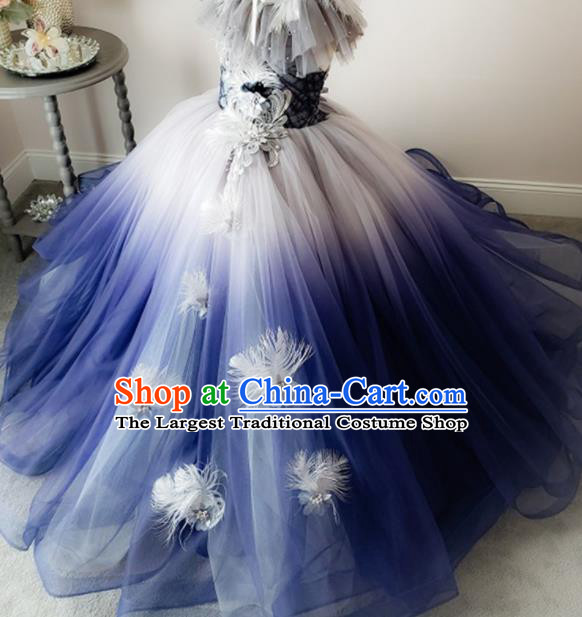 Top Grade Stage Show Costume Catwalks Princess Deep Blue Veil Bubble Full Dress for Kids