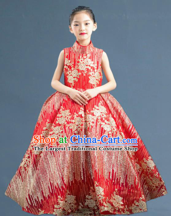 Top Grade Catwalks Court Princess Red Dress Compere Modern Fancywork Stage Show Dance Costume for Kids