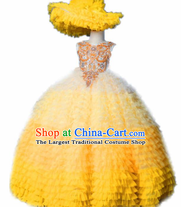 Top Grade Catwalks Court Princess Yellow Veil Dress Compere Modern Fancywork Stage Show Dance Costume for Kids