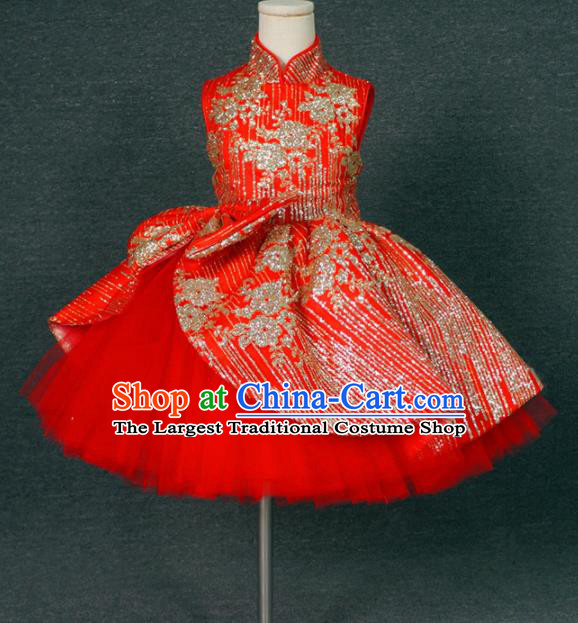 Chinese Stage Performance Embroidered Full Dress Red Qipao Catwalks Modern Fancywork Dance Costume for Kids