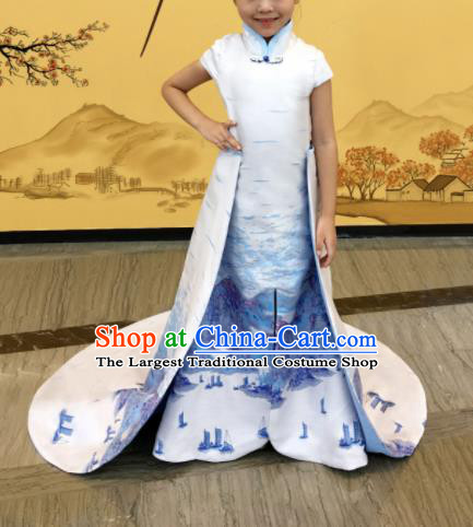 Chinese Stage Performance Full Dress Catwalks White Qipao Modern Fancywork Dance Costume for Kids