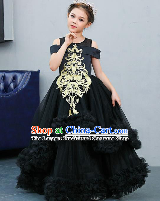 Top Grade Catwalks Court Princess Black Veil Dress Compere Modern Fancywork Stage Show Dance Costume for Kids