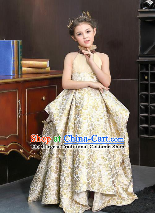 Top Grade Catwalks Court Princess Golden Dress Compere Modern Fancywork Stage Show Dance Costume for Kids