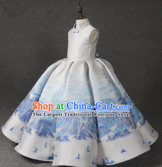 Chinese Stage Performance White Bubble Full Dress Catwalks Modern Fancywork Dance Costume for Kids