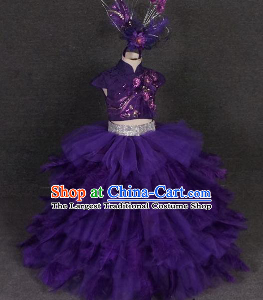 Top Grade Catwalks Stage Show Purple Feather Dress Modern Fancywork Compere Court Princess Dance Costume for Kids