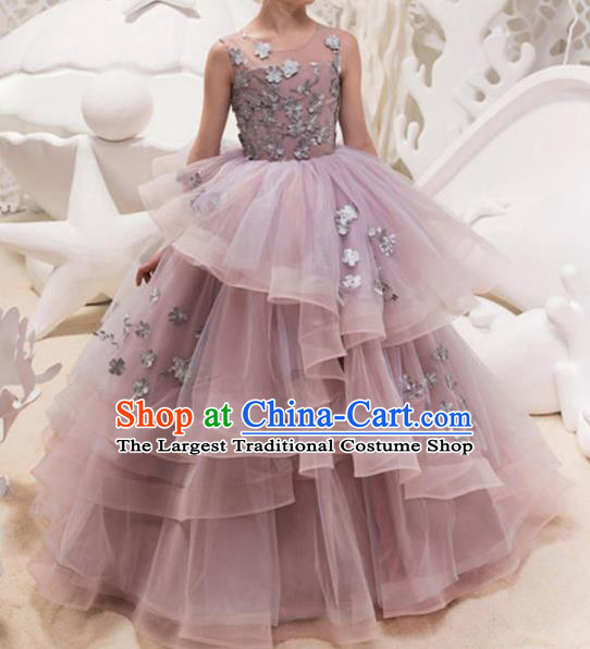 Top Grade Catwalks Stage Show Purple Veil Dress Modern Fancywork Compere Court Princess Dance Costume for Kids