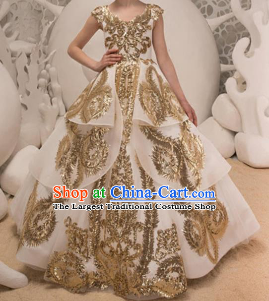 Top Grade Catwalks Stage Show Embroidered White Dress Modern Fancywork Compere Court Princess Dance Costume for Kids