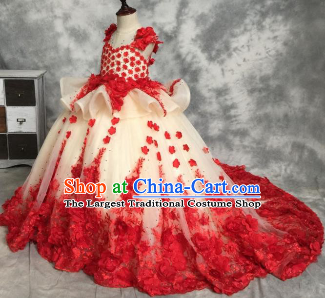 Top Grade Catwalks Stage Show Embroidered Rose Red Trailing Dress Modern Fancywork Compere Court Princess Dance Costume for Kids