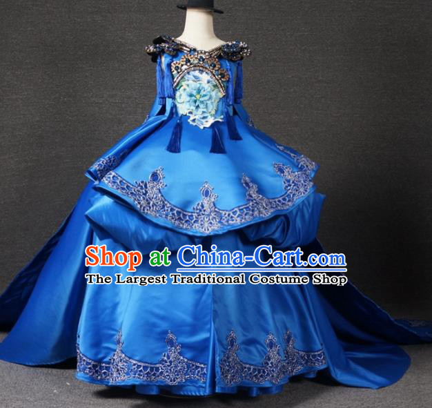 Chinese Stage Performance Embroidered Royalblue Full Dress Catwalks Modern Fancywork Dance Costume for Kids