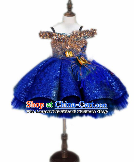 Top Grade Stage Show Costume Catwalks Princess Royalblue Paillette Bubble Full Dress for Kids