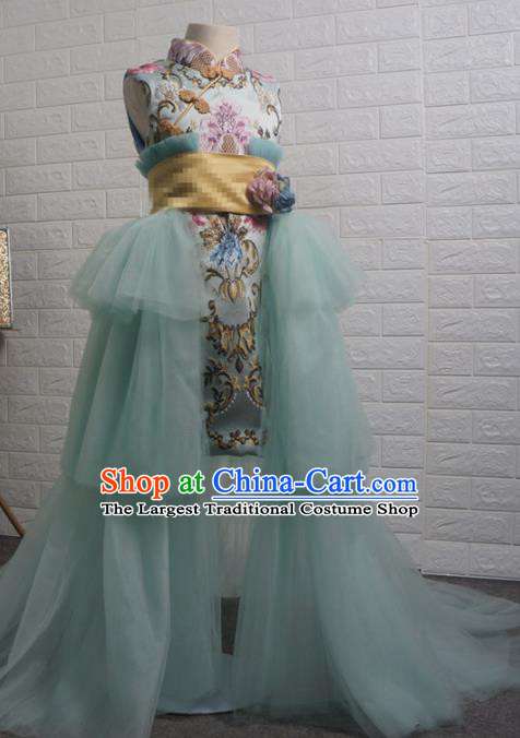 Top Grade Chinese Stage Show Costume Catwalks Green Qipao Full Dress for Kids