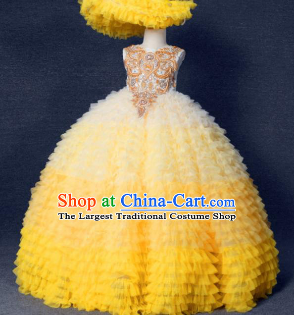 Top Grade Stage Show Costume Catwalks Princess Yellow Layered Full Dress for Kids