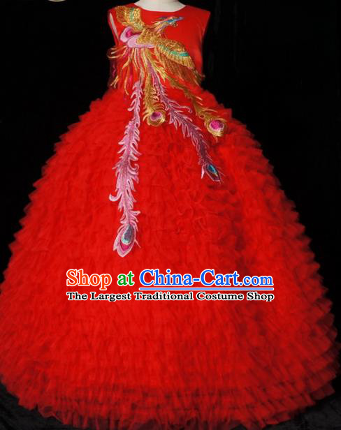 Top Grade Chinese Stage Show Costume Catwalks Dance Embroidered Red Full Dress for Kids